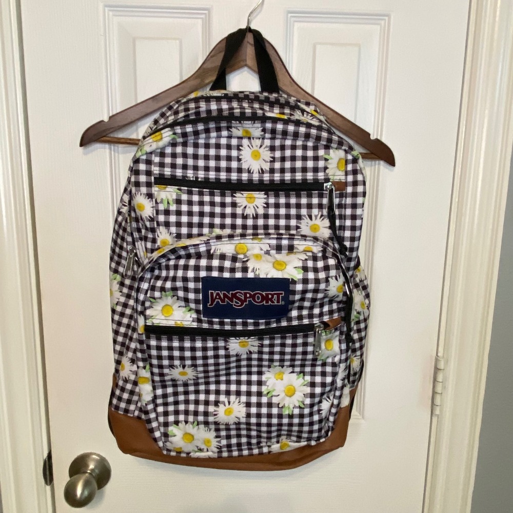 JanSport Right Pack Backpack Gingham Daisy Floral Print Brown Faux Leather Base